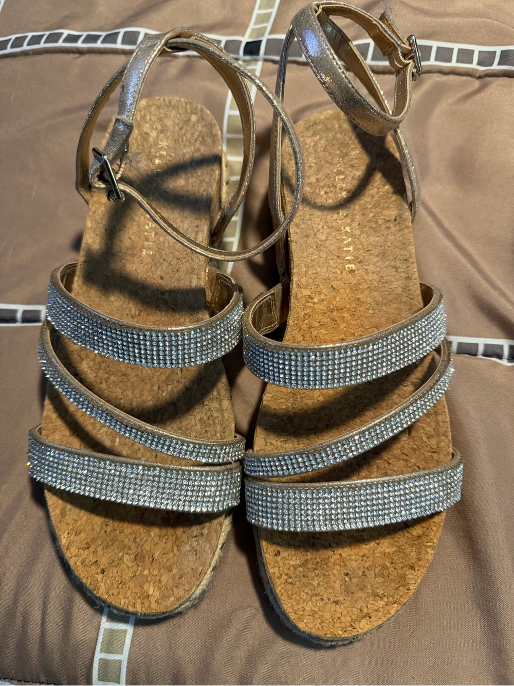 Sparkling Gold Rhinestone Cork Sandals with Ankle Strap